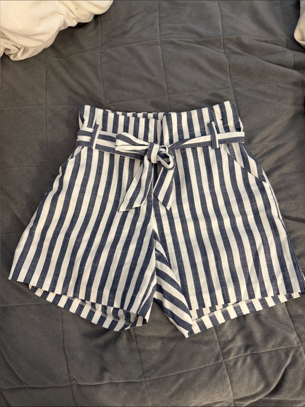 High-Rise Navy and White Striped Waist Shorts